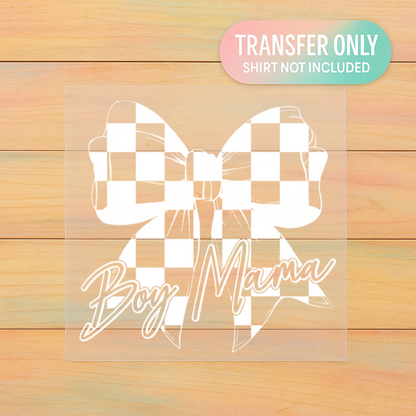 Checkered Bow Boy Mama DTF Transfer – Cute Mom Life Graphic (Adult Size)
