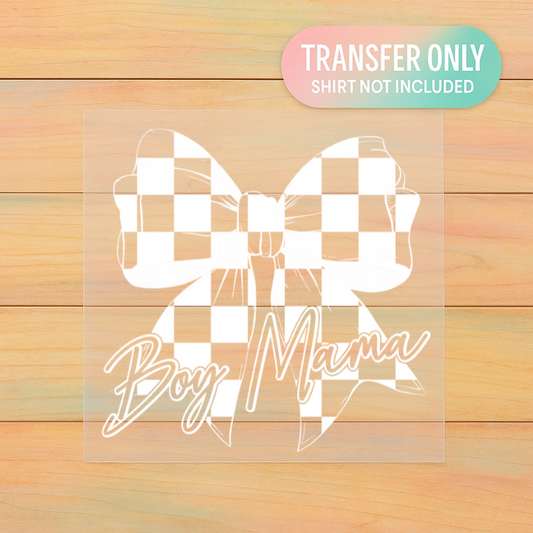 Checkered Bow Boy Mama DTF Transfer – Cute Mom Life Graphic (Adult Size)