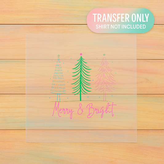 Merry & Bright DTF Transfer | Pastel Christmas Trees | Retro Holiday Print