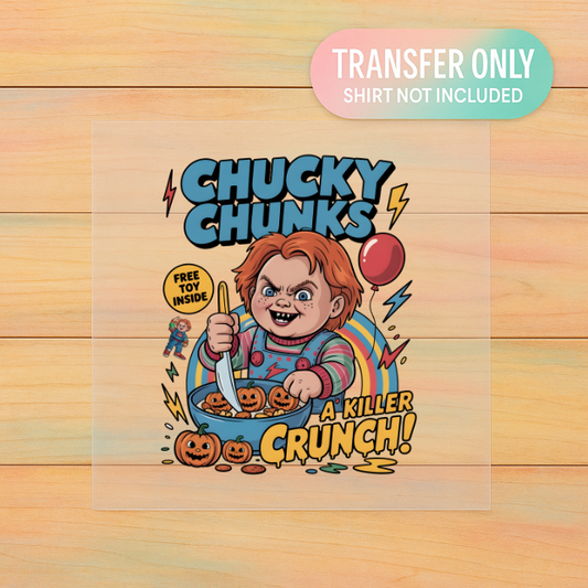 Chucky Chunks DTF Transfer – Funny Retro Cereal Horror Shirt Design (Adult Size)