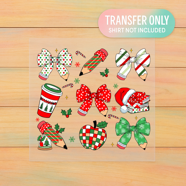 Christmas Teacher DTF Transfer | Festive Pencil & Bow | Holiday Classroom Print