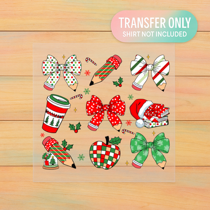 Christmas Teacher DTF Transfer | Festive Pencil & Bow | Holiday Classroom Print