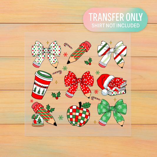 Christmas Teacher DTF Transfer | Festive Pencil & Bow | Holiday Classroom Print