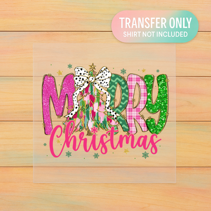 Merry Christmas DTF Transfer | Pink & Green Glitter Effect Tree Design | Polka Dot Bow Holiday Print