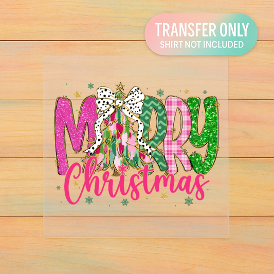 Merry Christmas DTF Transfer | Pink & Green Glitter Effect Tree Design | Polka Dot Bow Holiday Print