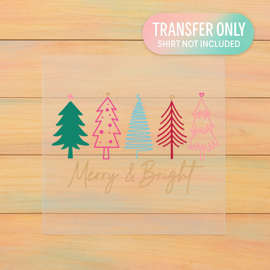 Merry & Bright Trees DTF Transfer | Retro Pastel Christmas Trees Design (Pink, Teal, Red & Gold)