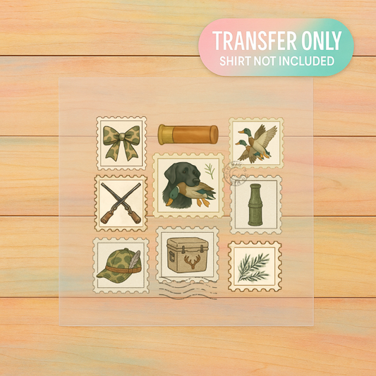 Hunting Postage Stamps DTF Transfer – Adult Size Outdoors Design | Girlfriend / Wifey Hunting Shirt Transfer