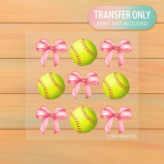 Pink Bow Softball Pattern | Sports DTF Transfer | Ready to Press