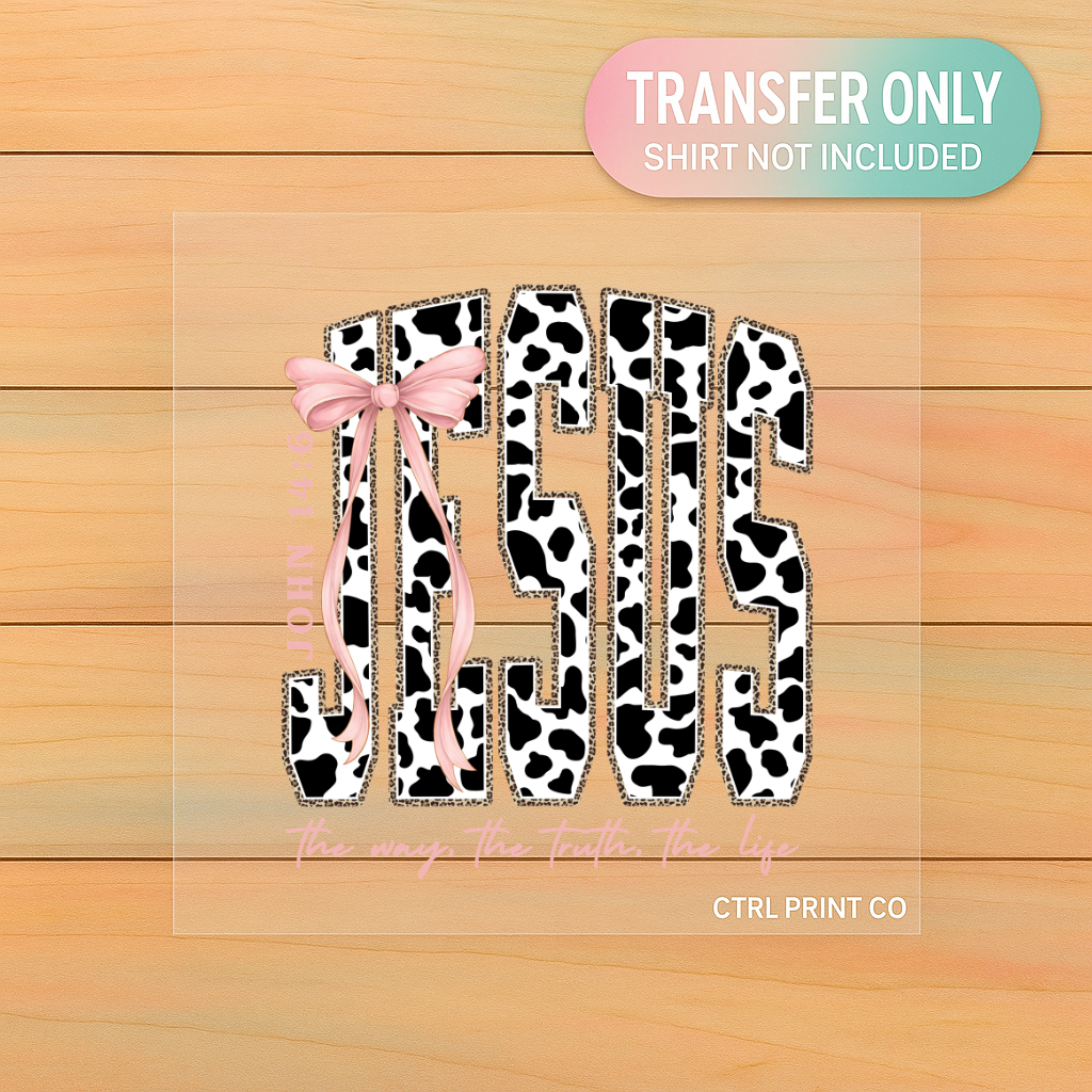 Cow Print Jesus Bow | Adult DTF Transfer | Ready to Press