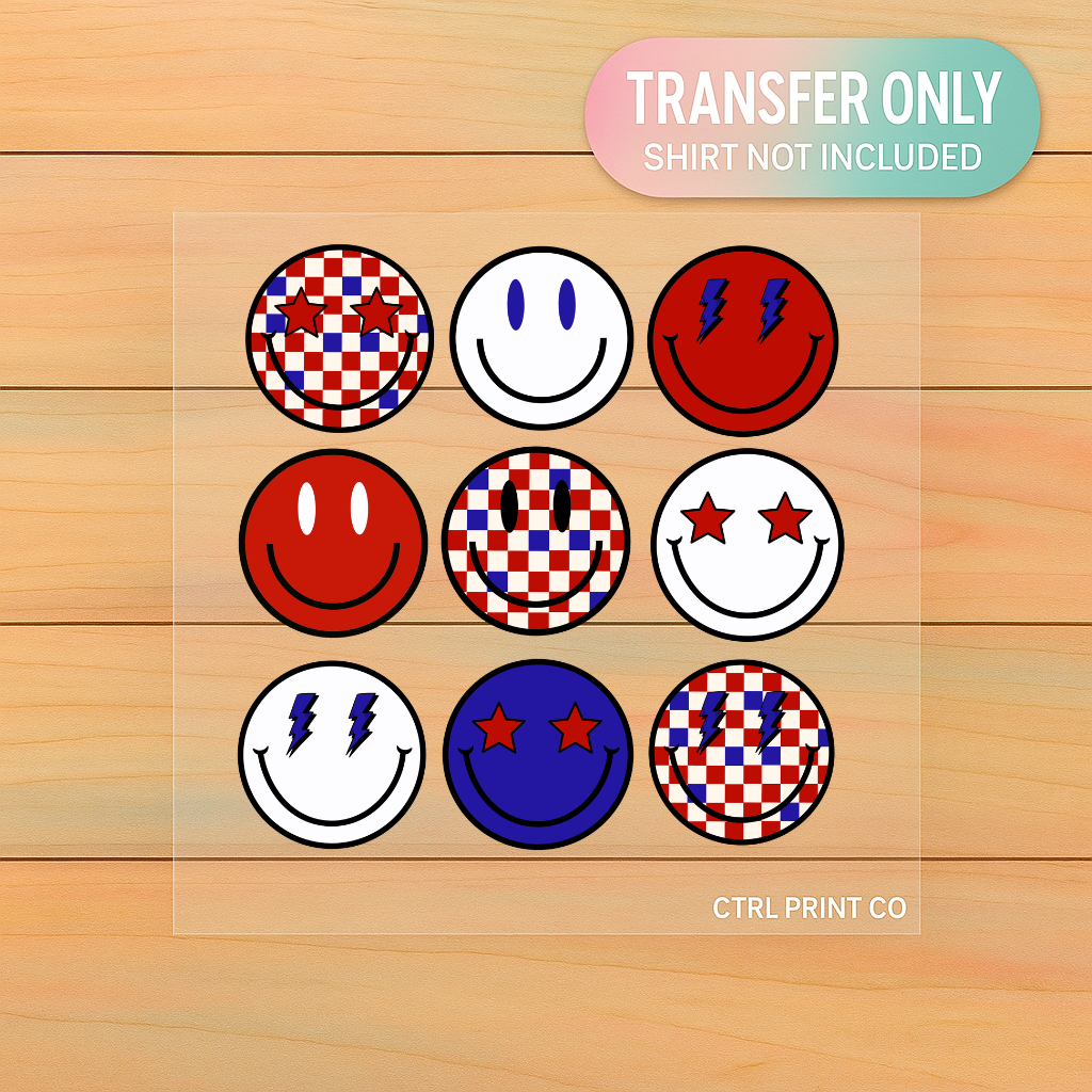 Patriotic Smiley Face Set | Adult DTF Transfer | Ready to Press