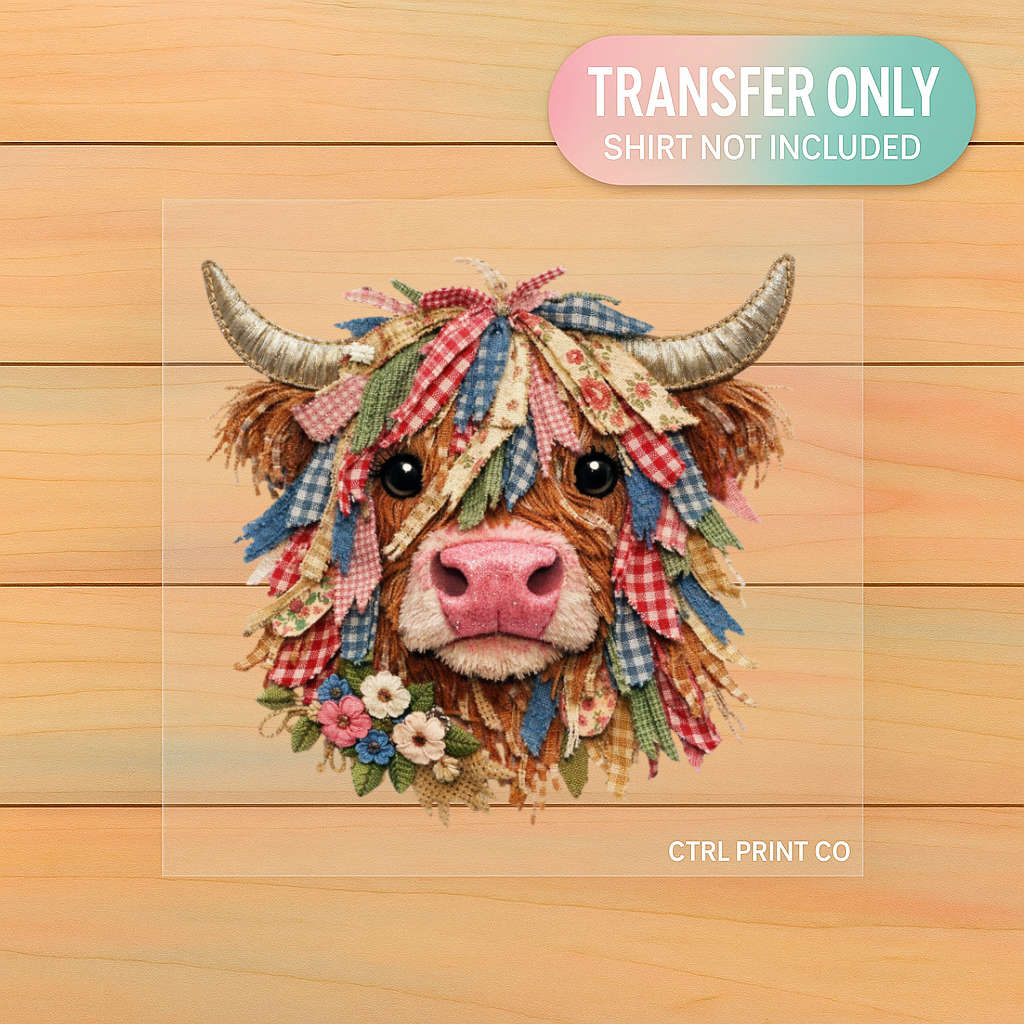 Patchwork Highland Cow Cutie | Adult DTF Transfer | Ready to Press