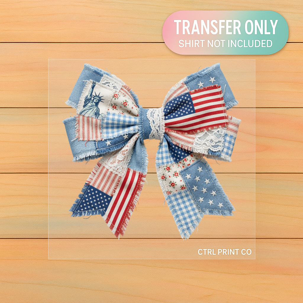 Vintage Americana Patchwork Bow | Adult DTF Transfer | Ready to Press