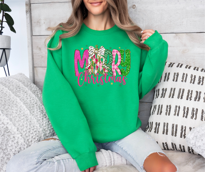 Merry Christmas DTF Transfer | Pink & Green Glitter Effect Tree Design | Polka Dot Bow Holiday Print