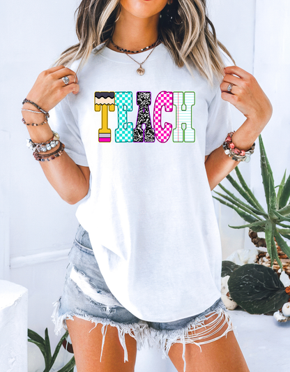 TEACH DTF Transfer | Retro Teacher Print | Bright Back to School Shirt Design