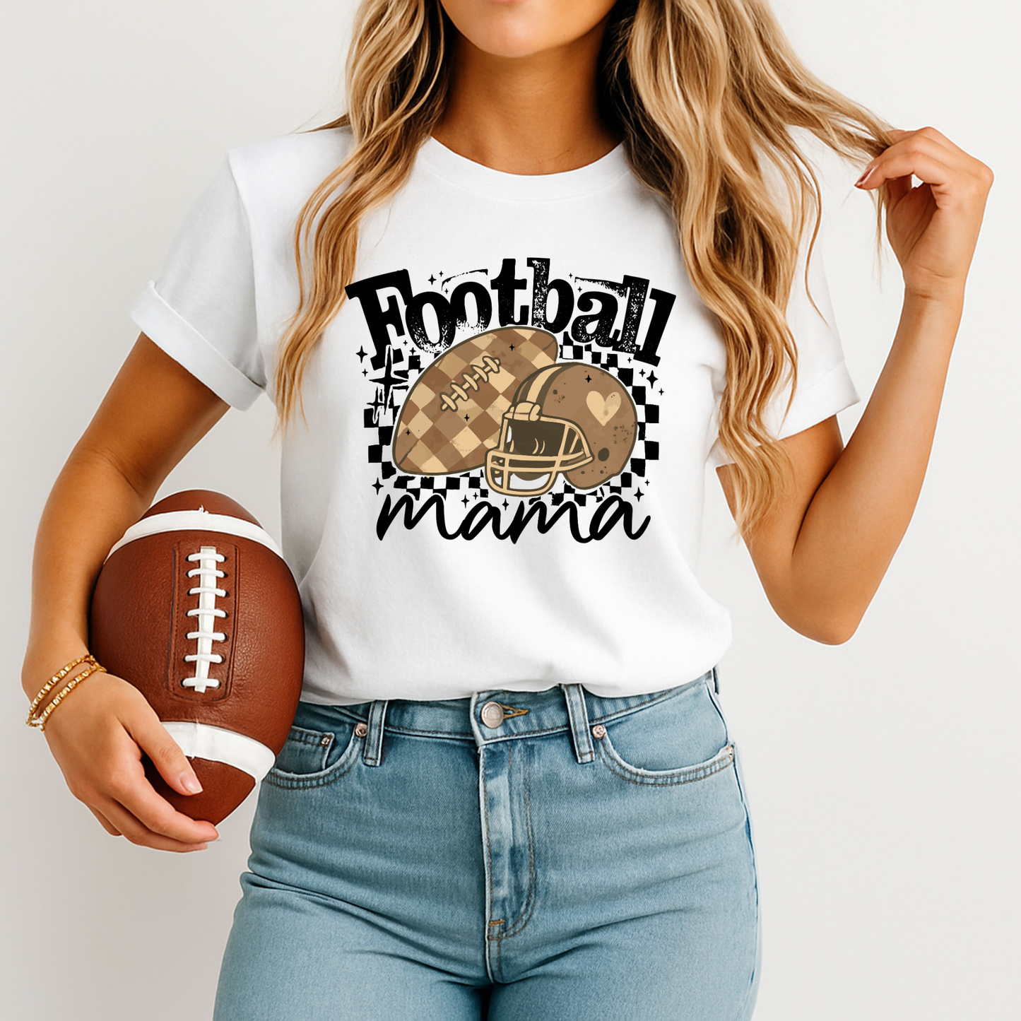 Football Mama – Neutral Checkerboard Edition | Adult DTF Transfer | Ready to Press