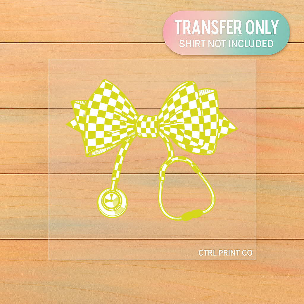 Neon Checkered Stethoscope Bow | Adult DTF Transfer | Ready to Press