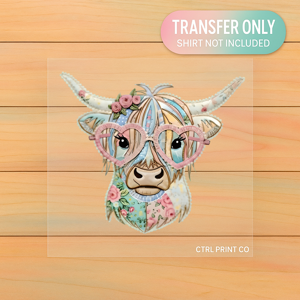 Patchwork Cow with Pink Heart Glasses | Adult DTF Transfer | Ready to Press
