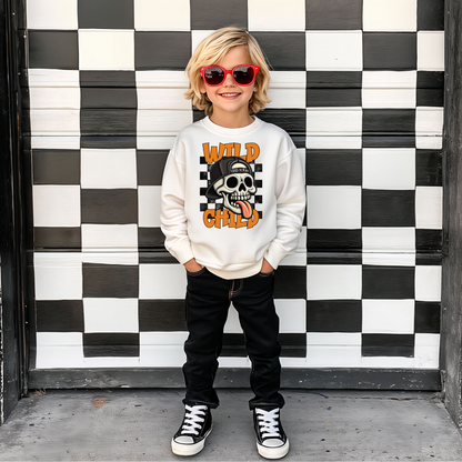 Wild Child Skull DTF Transfer | Retro Orange Checkered Skull Print | Edgy Streetwear Design