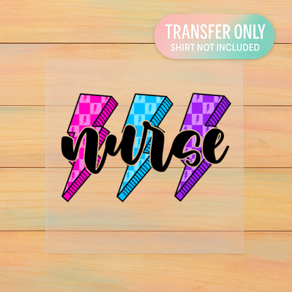 Nurse Lightning Bolts | Pink & Purple Check DTF Transfer | Ready to Press