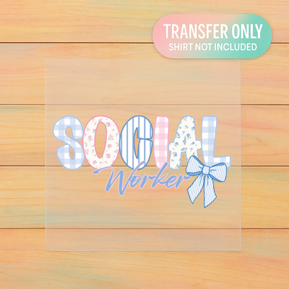 Social Worker Bow Print | Blue Gingham & Neutral DTF Transfer | Ready to Press