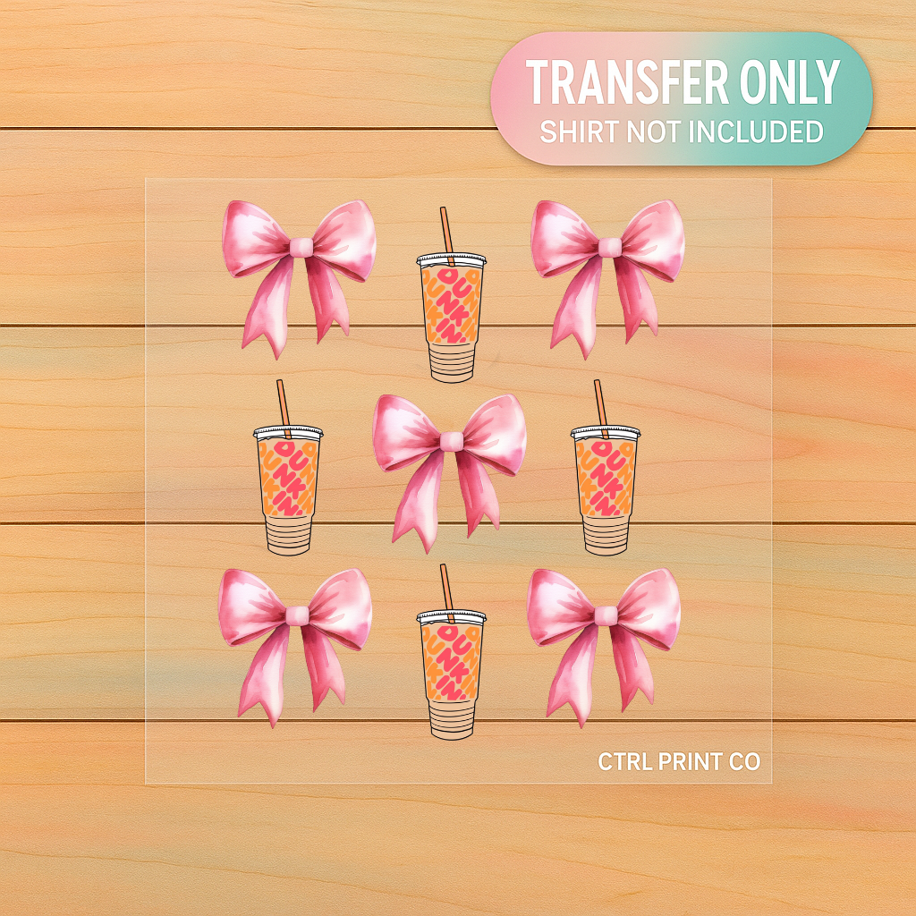 Pink Bows & Coffee Cups Pattern | Adult DTF Transfer | Ready to Press