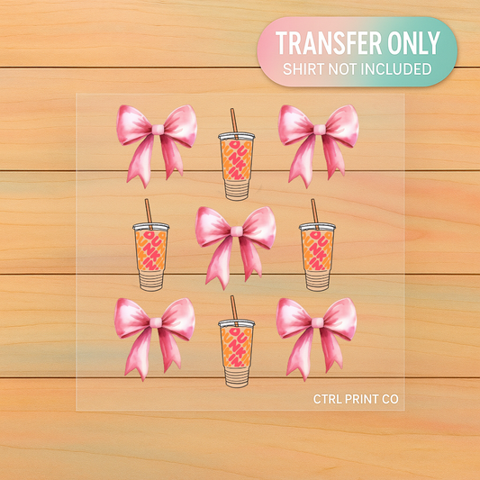 Pink Bows & Coffee Cups Pattern | Adult DTF Transfer | Ready to Press