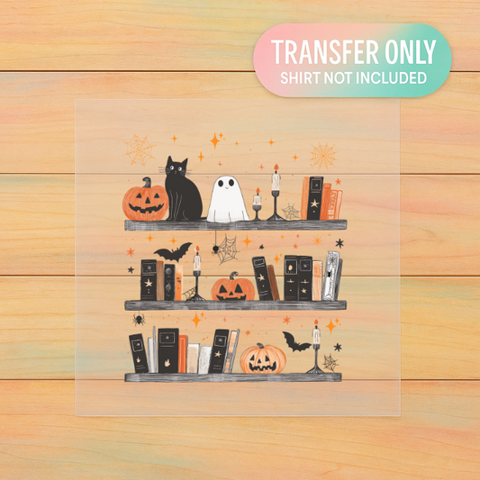 Spooky Bookshelf DTF Transfer – Halloween Book Lover Graphic (Adult Size)
