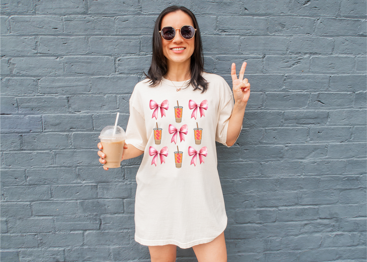 Pink Bows & Coffee Cups Pattern | Adult DTF Transfer | Ready to Press