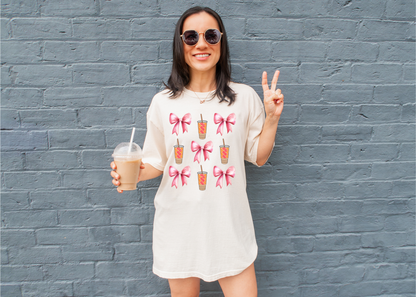 Pink Bows & Coffee Cups Pattern | Adult DTF Transfer | Ready to Press