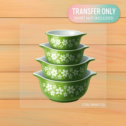 Vintage Green Pyrex Bowls | Adult DTF Transfer | Ready to Press